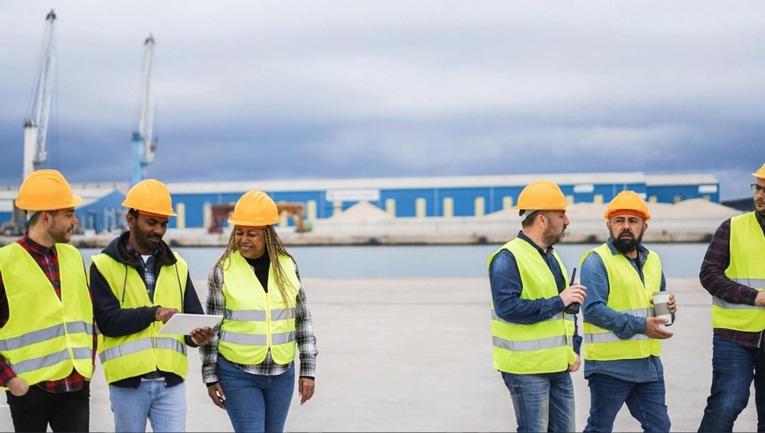Warehouse and port workers in high-visibility vests reviewing a tablet on a UAE dockside